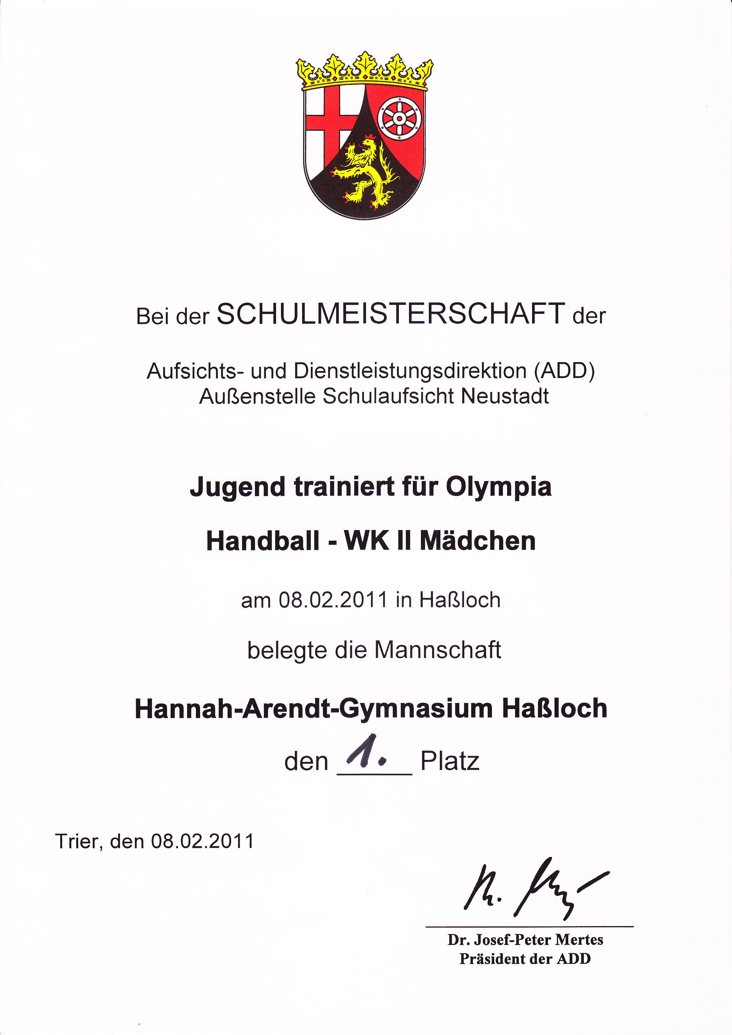 Urkunde Regionalfinale Handball WK II Mädchen Februar 2011